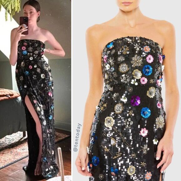 Mac Duggal Size 12 Black Floral Sequined Strapless Column Long Maxi Dress Gown - Picture 1 of 7